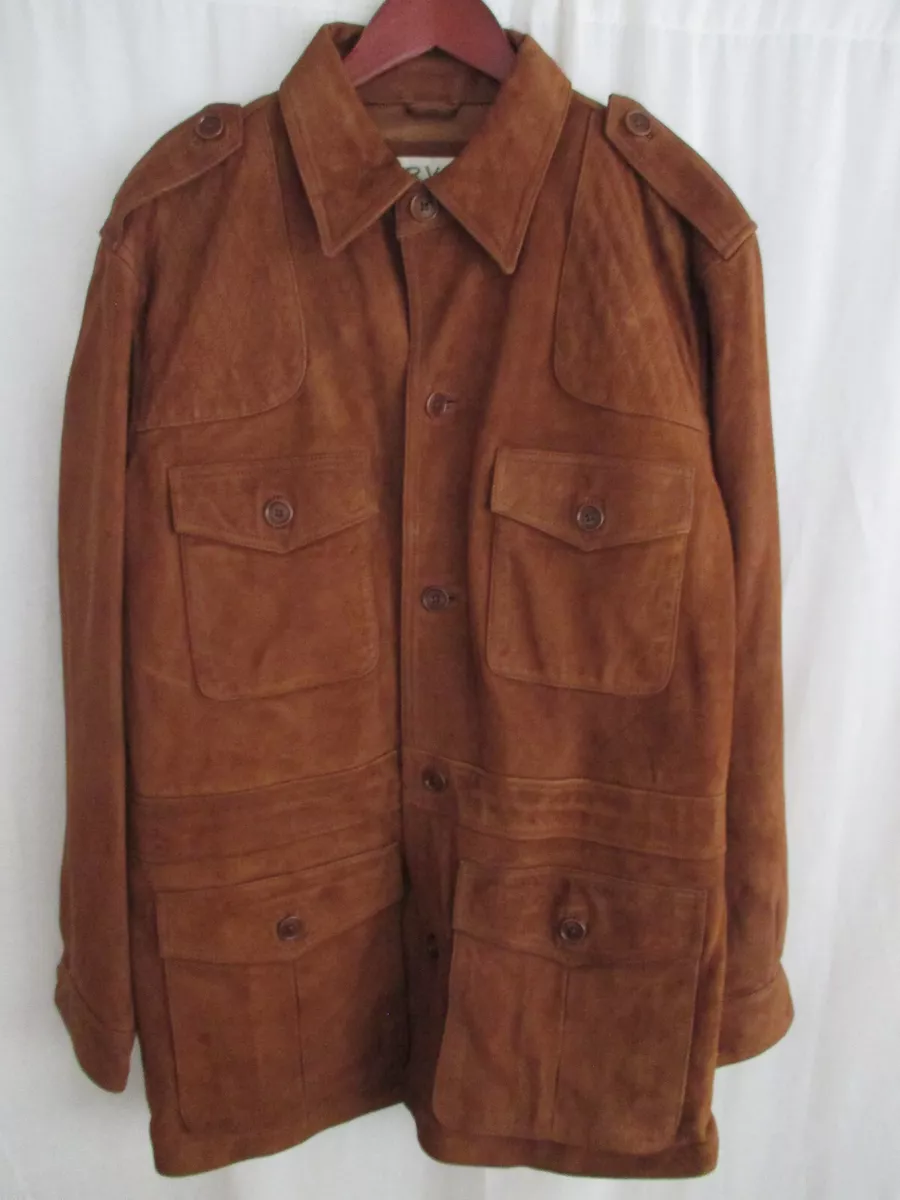 Orvis Mens Suede Leather Jacket Large Brown Safari Style With Epaulets