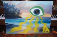 BEACH EYE UFO Psychedelic Ancient Mod Original Oil Painting ALEX CROWLEY Signed