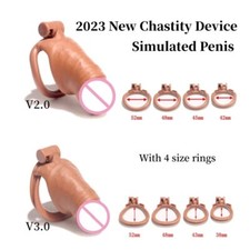 Realistic Peni Male Chastity Cage Device V2.0/3.0 Anti-Cheating Lock with 4 Ring