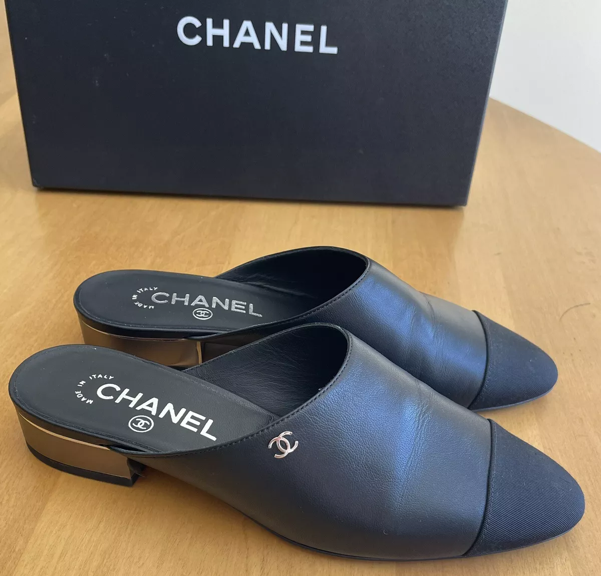 NEW CHANEL CC Black Leather Mules Shoes Slide sz 36.5