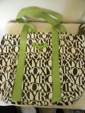 Borsa tote in tela con logo Roxy marrone e bianco manico verde