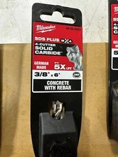 New Milwaukee SDS Plus M-4 4-Cutter Solid Carbide Bit 3/8 by 6". Concrete /Rebar
