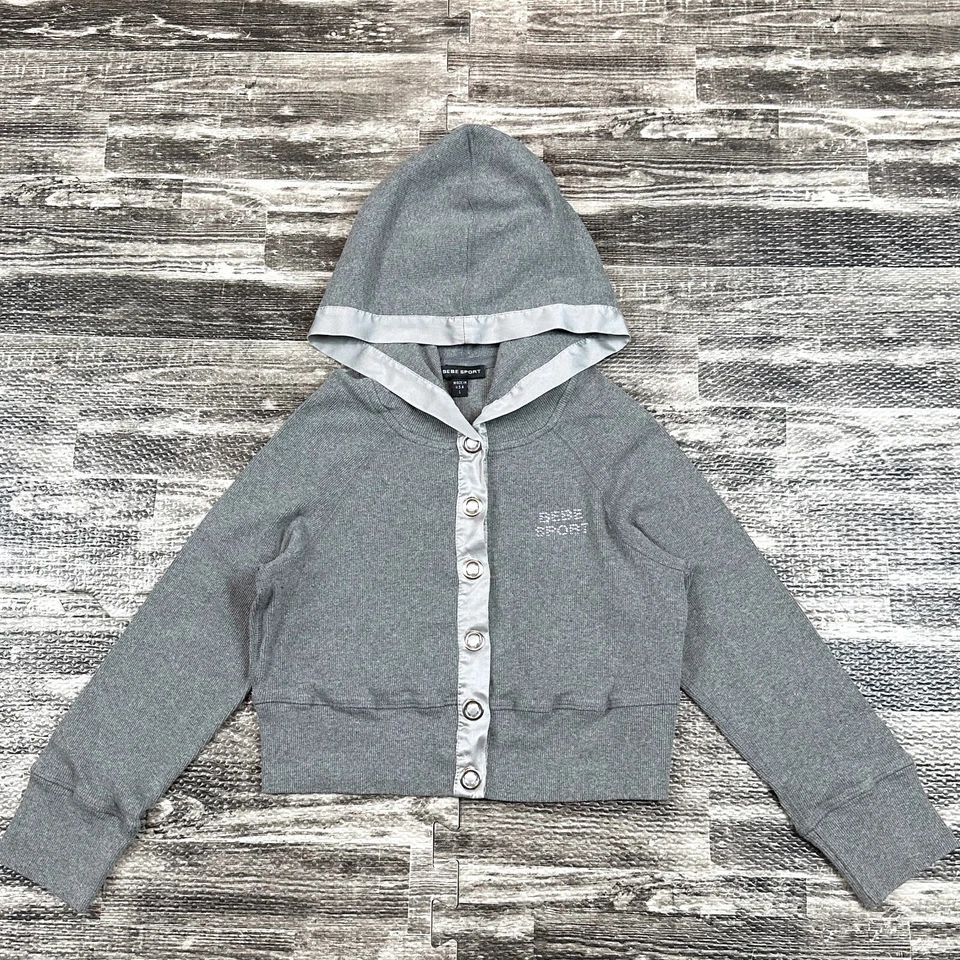 Bebe Mujer Talla L Acanalada Recortada Completa A Presión Sudadera con Capucha Top Corta Chaqueta Camisa Foto 2 de 4