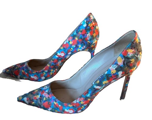 Manolo Blahnik Blue Orange Floral Print Silk Pointy High Heel Pumps Size 40 - Picture 6 of 11