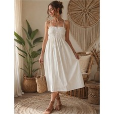Abound White Smocked Bohemian Flowy Cami Midi Dress size Large NWT