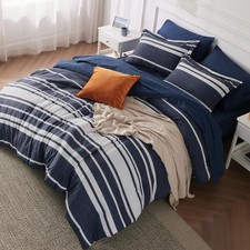 Bedsure Queen Comforter Set 7 Pieces, Blue Striped Bedding Queen, 05 - Navy