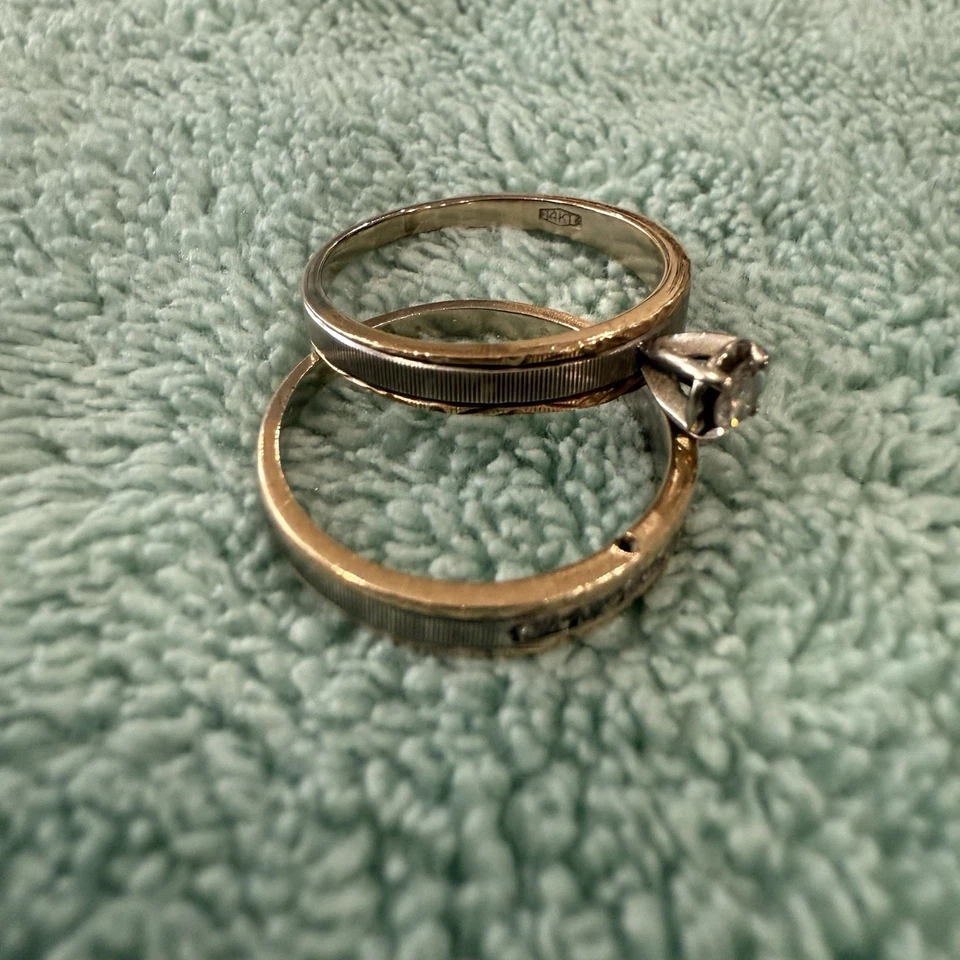 Vintage 14k White And Yellow Gold Ribbed Diamond Solitaire Wedding Set 5.7g Sz7 - Image 3 of 4