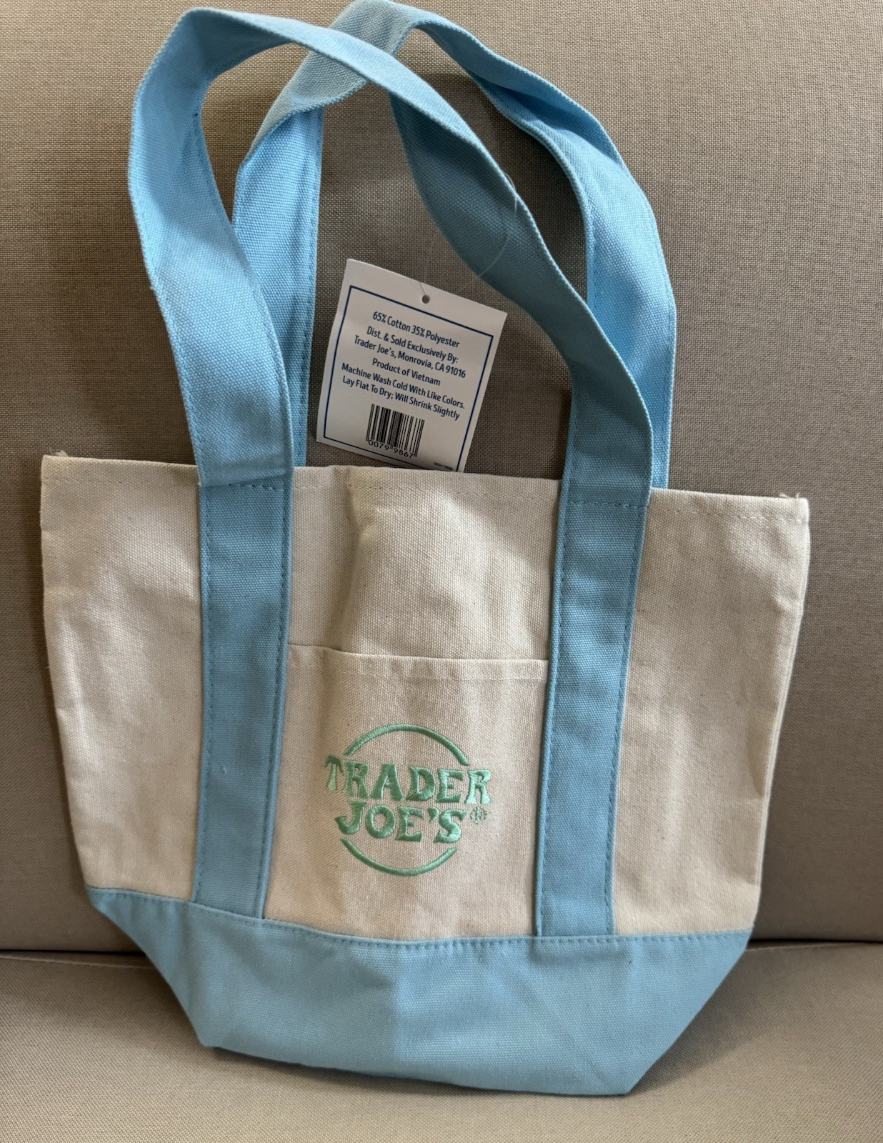 New Trader Joe's Mini Canvas Tote Bag Pastel Blue - Limited Edition