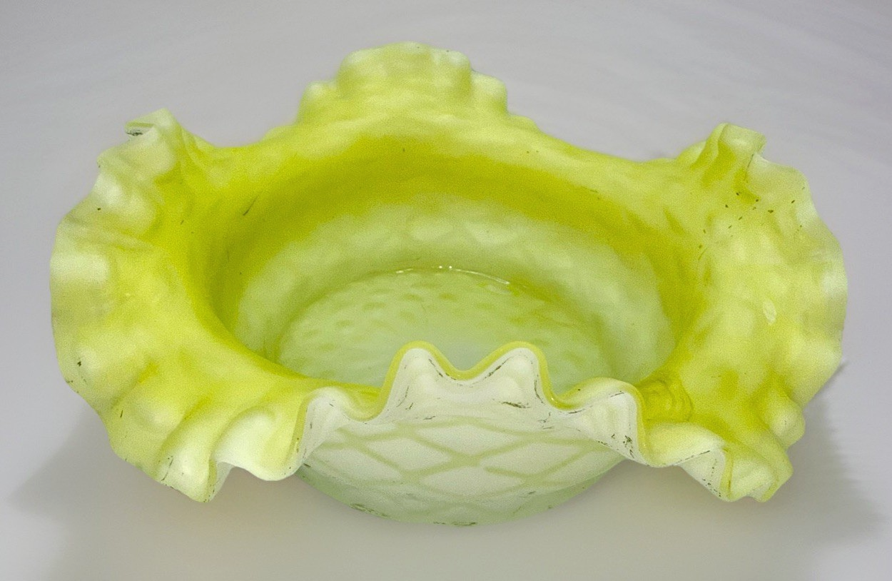 Victorian Cased Glass Bride's Basket Bowl Yellow Satin Floral & Basketweave