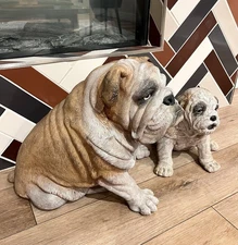 🎄Large Vintage Ceramic Sculpture Bulldog Puppy Set HYPER-REALISTIC Handcrafted