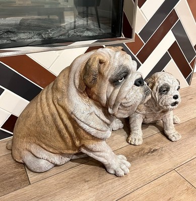  Large Vintage Ceramic Sculpture Bulldog Puppy Set HYPER-REALISTIC Handcrafted