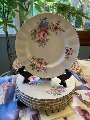 Vintage Royal Standard Bone China 6 Side Plate Pink Rose Floral Fluted Gold Trim