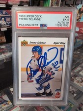 TEEMU SELANNE 1991 UPPER DECK #21  SIGNED ROOKIE CARD PSA 5 AUTO PSA 10 . rookie card picture