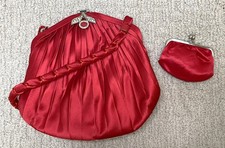 Vintage Gucci Red Pleated Satin Evening Bag Handbag Clutch + Coin Purse COA