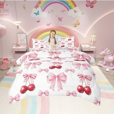 Cherry Bowknot Comforter Set Twin,Princess Bow Bedding Set for Girls Girlfrie...