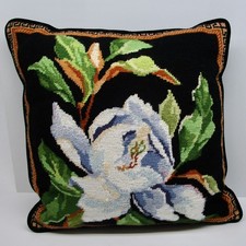 Vintage needlepoint pillow Magnolia Grandiflora white flower 13" square complete