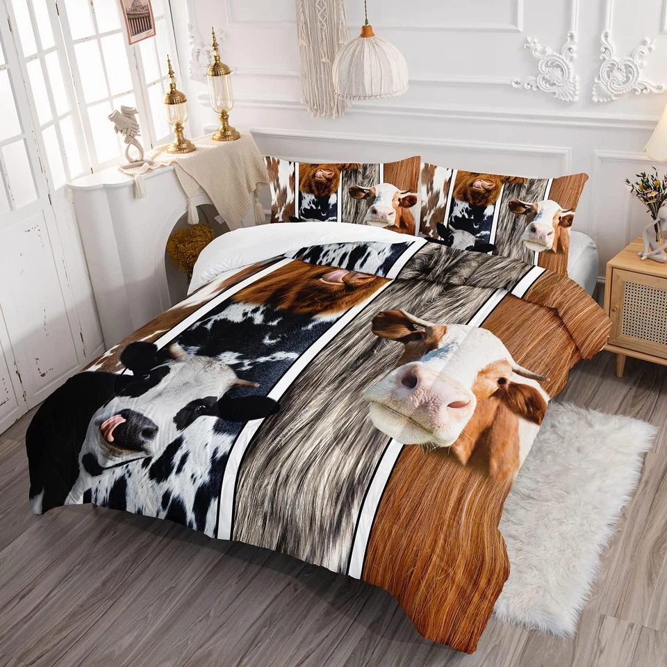 Juego de edredón estampado de piel de vaca tamaño queen, edredón de piel de animal de granja occidental para Foto 3 de 4