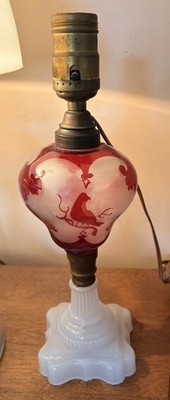 Antique Bohemian Ruby Flash To Clear Converted Oil Lamp Frosted Base 12 in