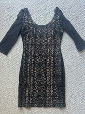 GUESS Black Lace Bodycon Dress Lined Scoop Neck 3/4 Sleeve Zip, Size 10