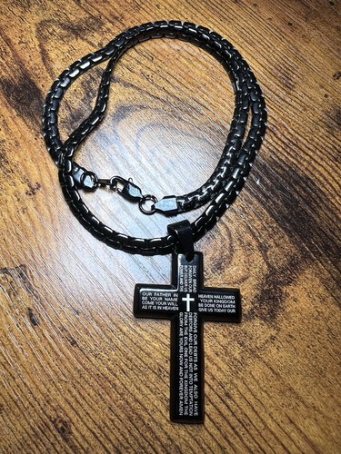 Men's Black Cross Necklace with Lord's Prayer Stainless Steel Cross Pendant 20”