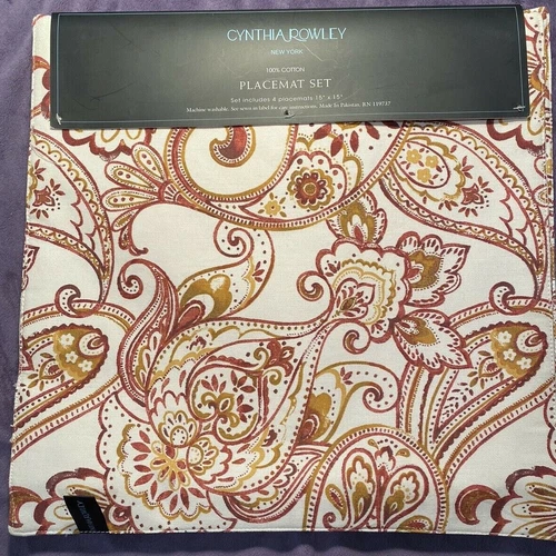 Cynthia Rowley Placemats Sien/Orange/Br on Beige Paisley Placemats NWT 15”x15” 4