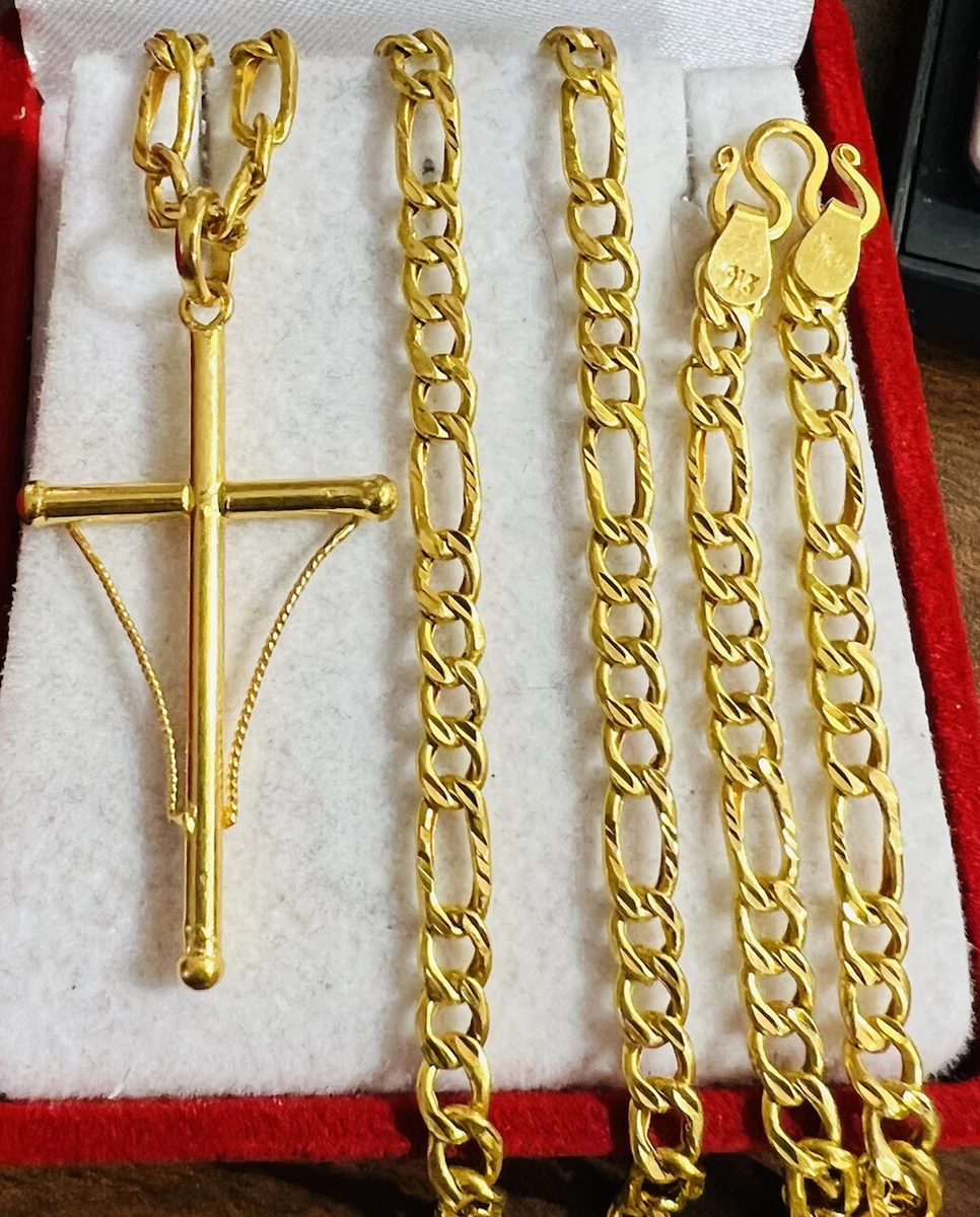 22K Yellow Real Saudi Gold 916 Mens Women s Cross Necklace 22 Long 3mm 12.4g