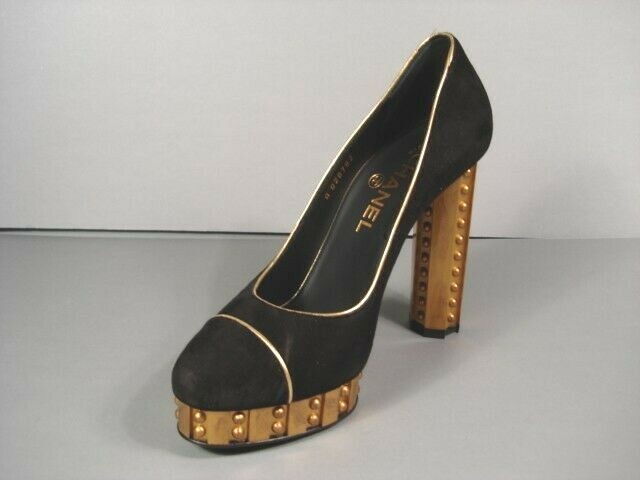 靴 Vintage Chanel Black Suede Heels 36 1/2 CHANEL BLACK SUEDE PLATFORM 