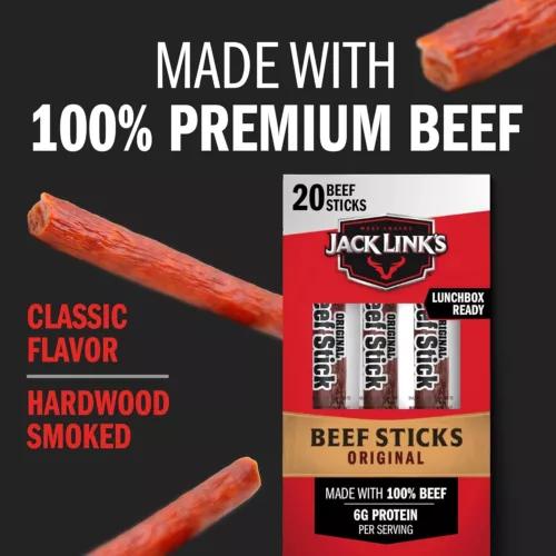 Jack Link's Beef Sticks, Original – Protein Snack, Meat Stick with 6g of Protein
