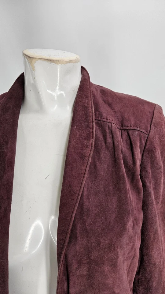 Chaqueta para mujer Peter Caruso 8 vintage de gamuza borgoña con cuello chal abierto Foto 3 de 4