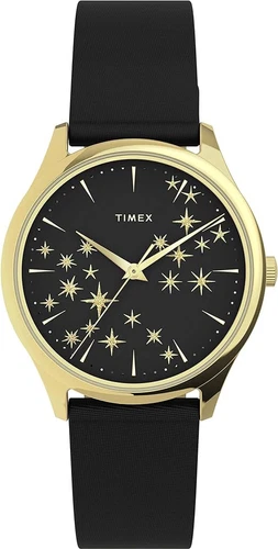 Timex Women's Starstruck 32mm Watch Gold-Tone Case Indiglo Black Leather Band