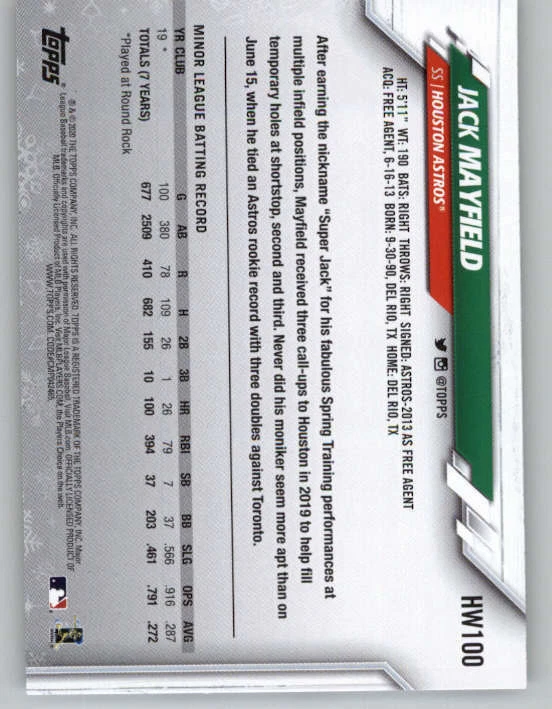 2020 Topps Walmart Holiday #HW100 Jack Mayfield RC (ref 146759) - Image 2 of 2