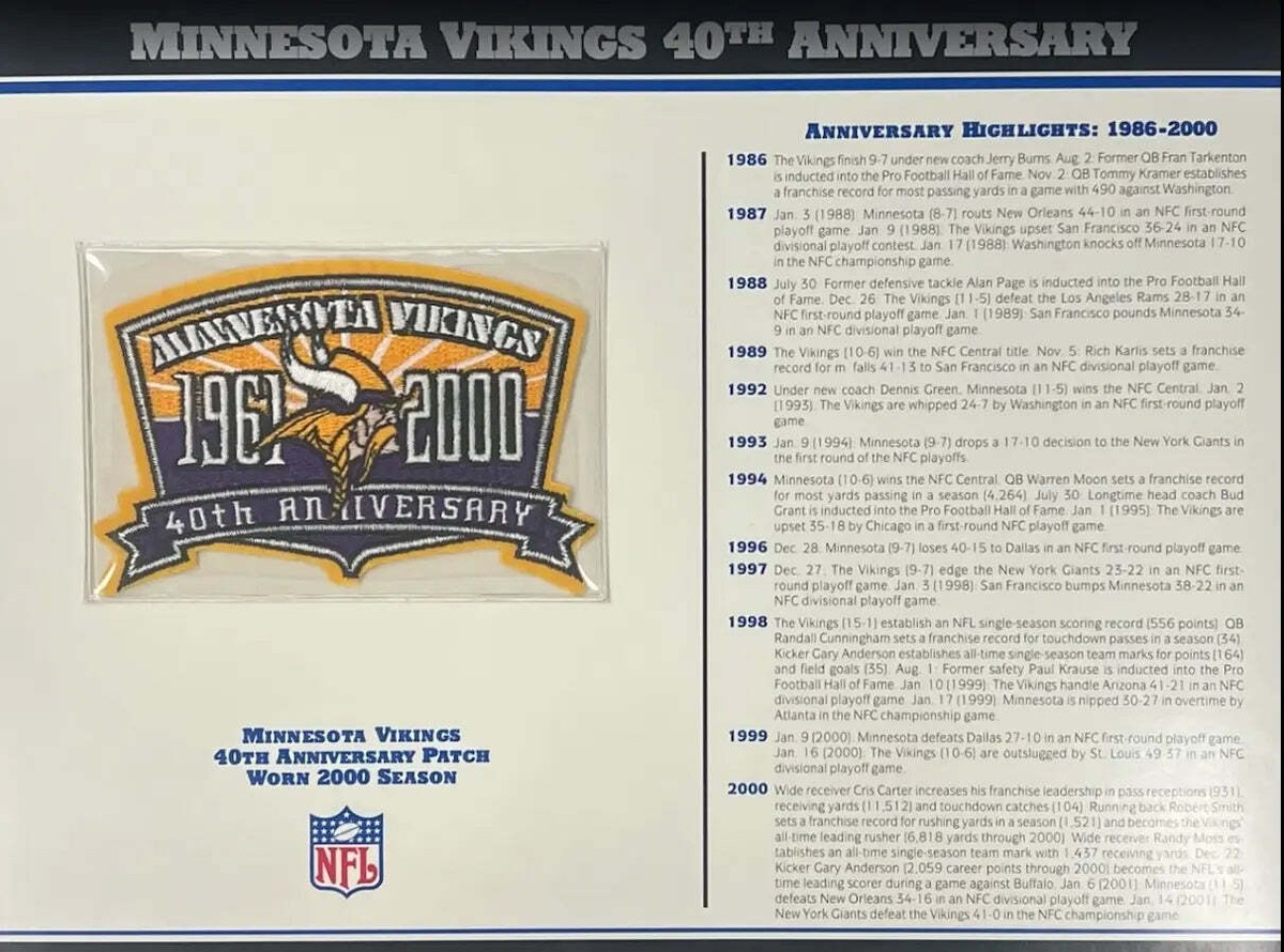 2000 Minnesota Vikings 40th Anniversary Willabee Ward Patch With