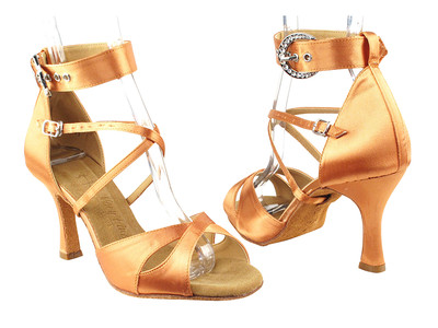 Tan Satin, Jeweled Buckle, Ankle Strap Latin Salsa Tango Very Fine Dance Shoes 