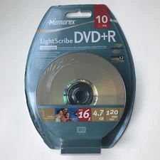 Memorex LightScribe DVD+R Recordable Discs Blank Media 10-Pack 16x 4.7GB 120 min