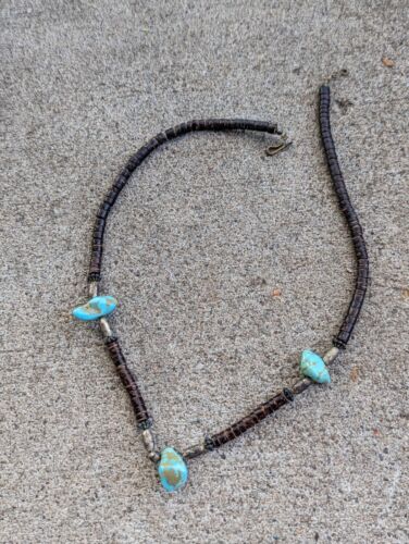 Turquoise Nugget Heishi SilverWood Beads Necklace… - image 1
