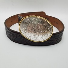 Circle Y of Yoakum Brown Leather Belt Size 32 Embossed Hand-tooled Buckle