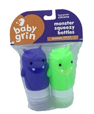 Baby Grin Monster Squeezy Bottles Silicone 60ml Purple/Green 2Pk Fun Storage New