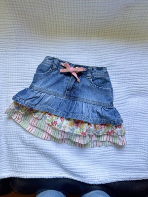 Genuine  OshKosh Girls Denim Skirt 24M Floral Tiered Ruffle Pink Bow Jean Y2K