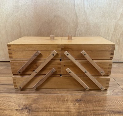 Vtg Wood MCM Sewing Box Cantilever Accordion Organizer Craft Jewelry Storage 12 