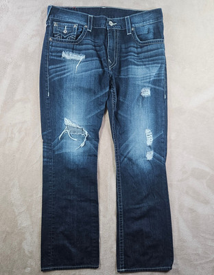 True Religion Ricky Straight Jeans Mens 38x33 Flaps Distressed Whiskering