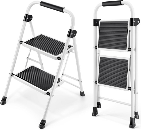 Kingrack Trittleiter 2 Stufen Klappbar Handlauf Breites Rutschfestes Pedal Weiß-image