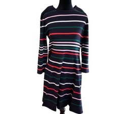 Vince Camuto Navy Multi Stripe Knit A-Line Sweater Dress Crew Neck Preppy Chic