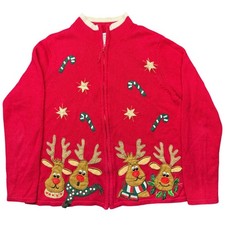 Tiara International Christmas Reindeer Zip Cardigan Sweater Women Medium Red