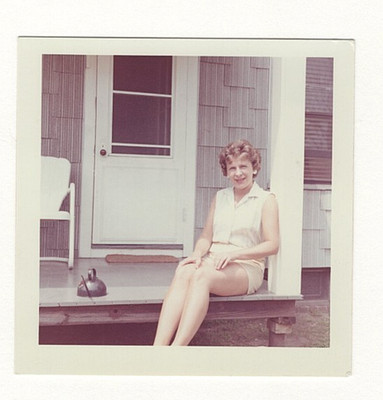 Vintage 1950s-60s Color Snapshot Photo Woman Porch Summer Smile Mid-Century A160