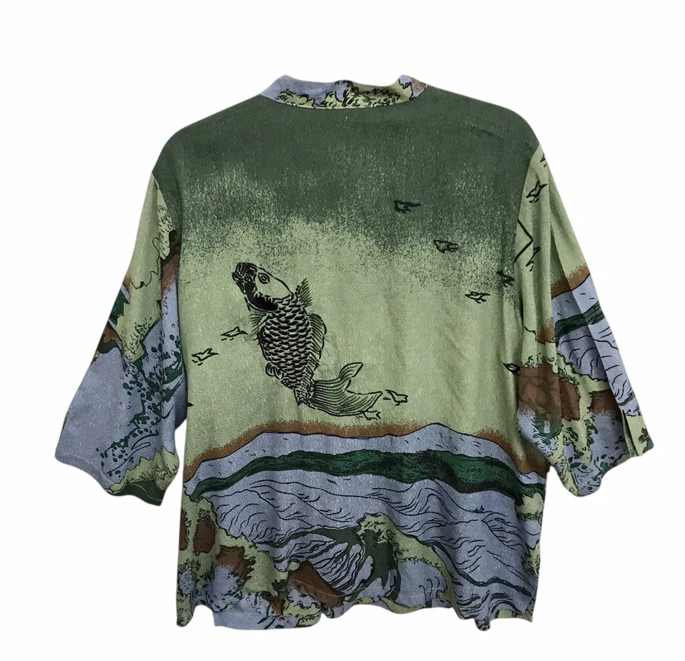 Top Citron Santa Monica 100% Seda Bordado Koi Paisaje Asiático Estampado Talla 1X Foto 4 de 4