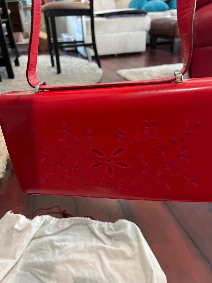RARO Auténtico Bolso de Mano Escada Monedero Rojo Bordado Flores NUEVO De Colección Foto 2 de 4