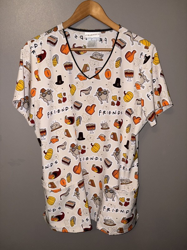 FRIENDS® Gathering Thanksgiving 3-Pocket Scrub Top | Women's Large | NWOT