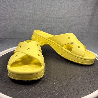 Crocs Slide Sandals Womens W11 Yellow Platform Cross Strap Slip On Comfort