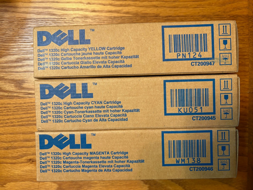 New Genuine Dell 1320c Cyan Magenta Yellow Toner Cartridges Box - Afbeelding 2 van 6