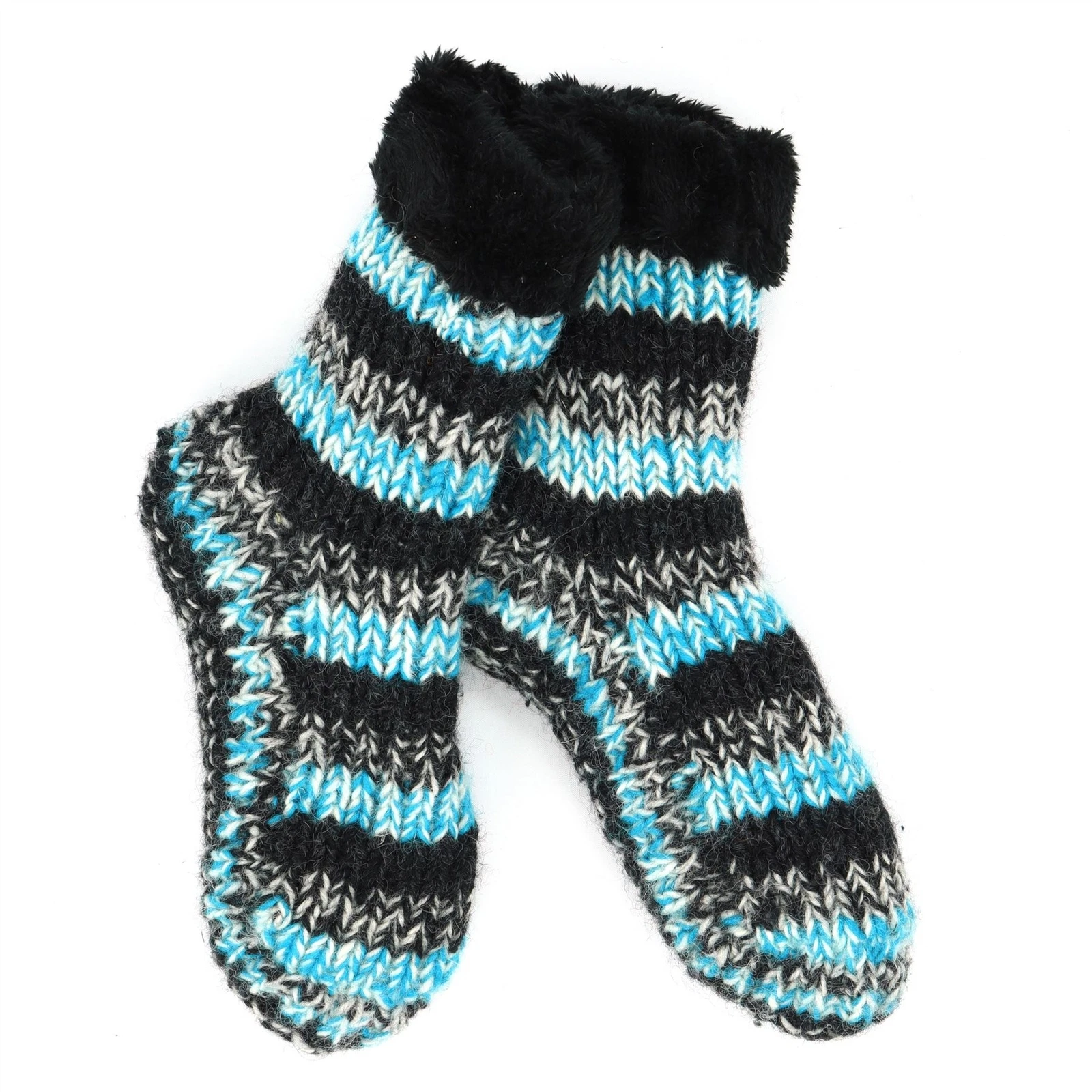Hand Knitted Wool Slipper Socks Sherpa Lining Handmade Woolly Warm Blue Charcoal